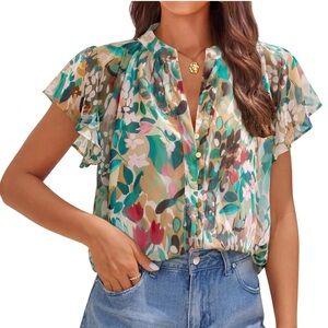 Boho Floral Flutter Sleeve Blouse XL Resort Vacation Sheer Chiffon Top